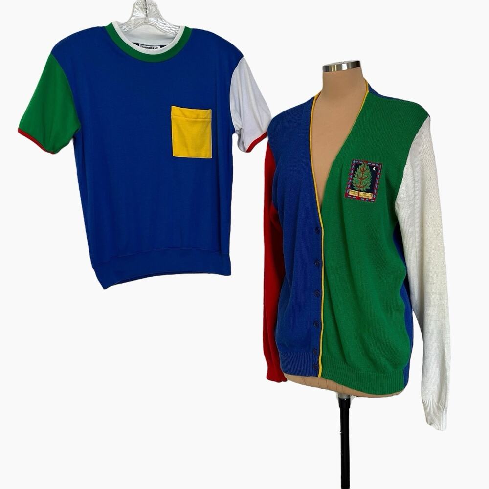Suburbans Sweater Set 90s Color Block Large Cardigan Medium Short Sleeve Top - Picture 3 of 14